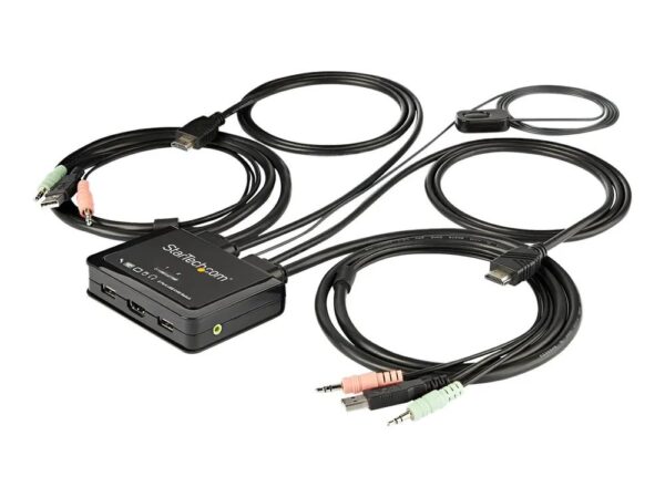 0065030882163-1 StarTech.com 2 Port HDMI KVM Switch, 4K 60Hz, Compact Dual Port UHD/Ultra HD USB Desktop KVM Switch with Integrated 4ft Cables & Audio, Bus Powered & Remote Switching, MacBook ThinkPad – 4K KVM Switch w/ Audio (SV211HDUA4K)