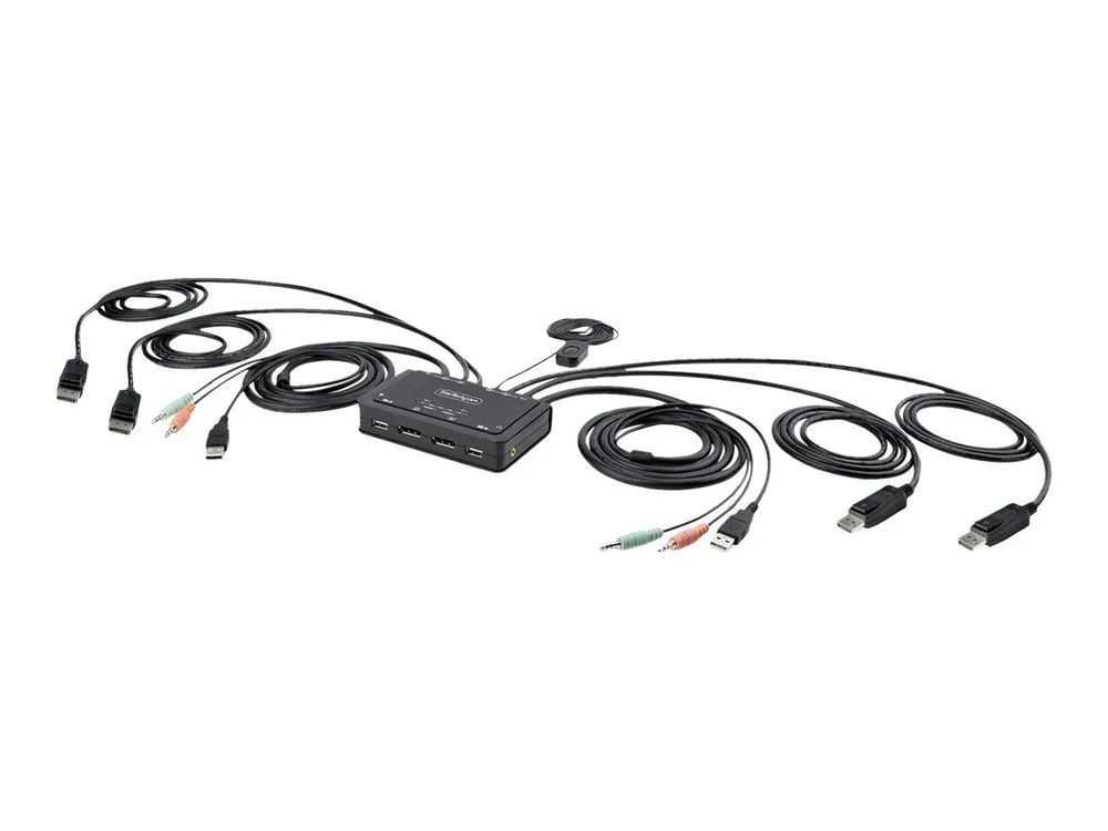StarTech.com 2 – Port Dual – Monitor DisplayPort Cable KVM Switch, 4K 60Hz, Compact KVM with 5ft/1.5m USB – A/DisplayPort/Audio Integrated Cables, Bus Powered – Remote Push Button/Hotkey Switching (C2 – DD46 – UA2 – CBL – KVM)
