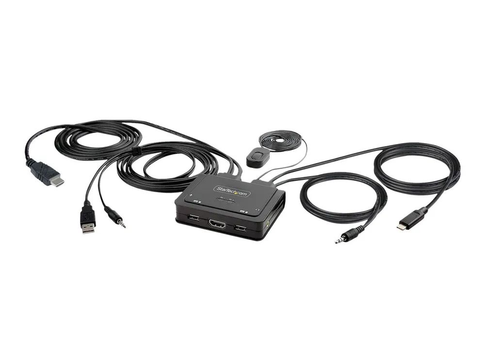 StarTech.com 2 – Port Hybrid USB – C HDMI Cable KVM Switch, 4K 60Hz, Compact KVM with 6ft/1.8m USB – A/HDMI/Audio & 4ft/1.2m USB – C Integrated Host Cables, Bus Powered – Remote Push Button/Hotkey Switching (C2 – H46 – UAC – CBL – KVM)