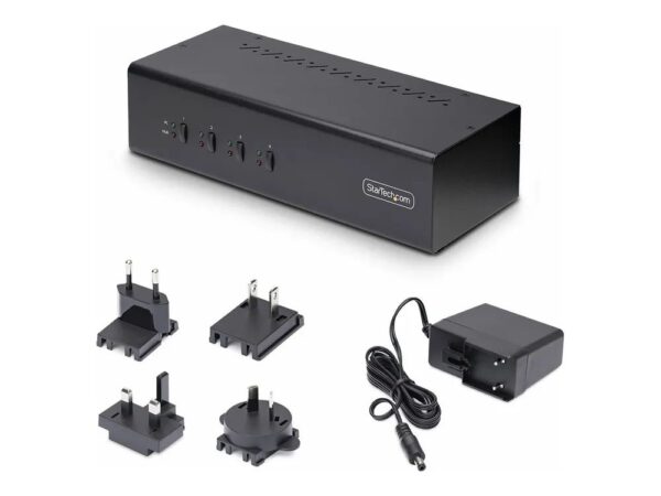 0065030899697-1 StarTech.com 4 – Port Dual – Monitor DisplayPort KVM Switch, 4K 60Hz, 2x USB 5Gbps Hub Ports, 2x USB 2.0 HID Ports, Hotkey and Push – Button Switching, TAA Compliant – 3.5mm Audio, HDCP (P4DD46A2 – KVM – SWITCH)