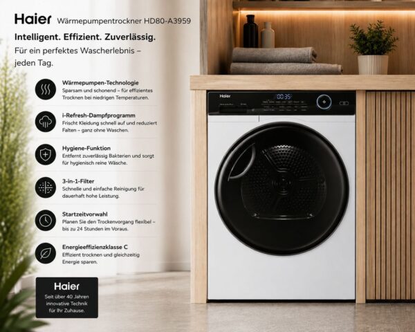 Haier Wärmepumpentrockner I-Pro Serie 5 HD80-A3959, Wärmepumpentrockner Inverter Dampfprogramm Wechselbarer Türanschlag