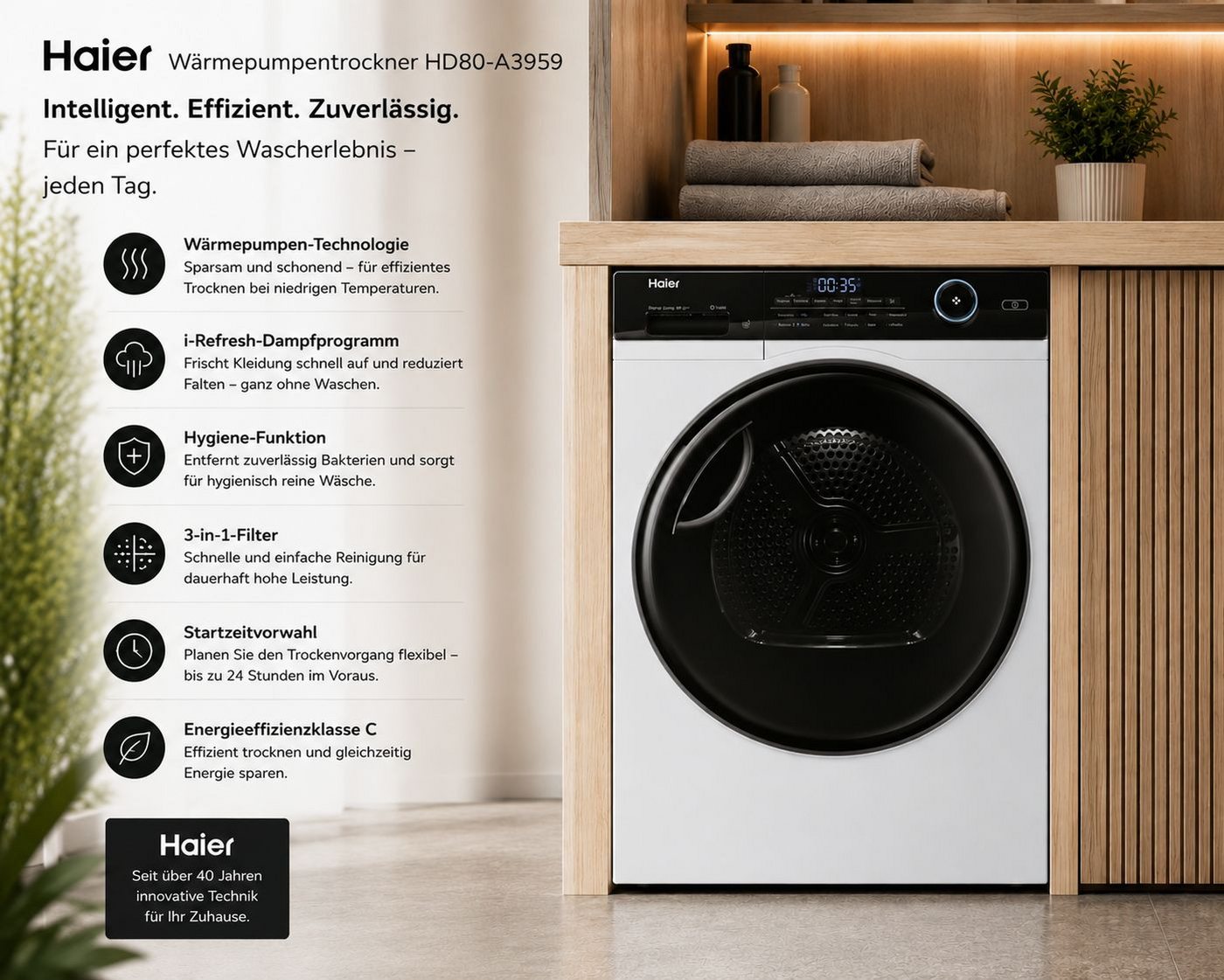Haier Wärmepumpentrockner I-Pro Serie 5 HD80-A3959, Wärmepumpentrockner Inverter Dampfprogramm Wechselbarer Türanschlag