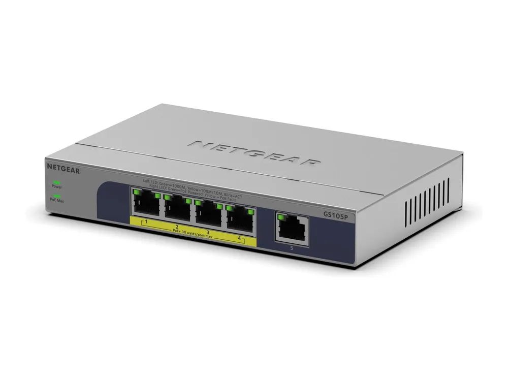 Netgear 5PT GB Unmanaged SWCH W/PoE+GS105P – Switch – 1 Gbps