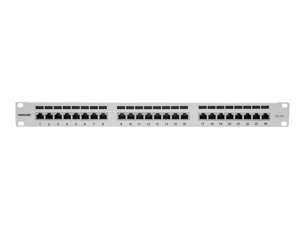 Intellinet 24 – Port Cat6a Patchpanel, geschirmt, 24 Ports, FTP, 1 HE, klemmleisten mit 90 Grad abgewinkelten Kabeleinführungen, grau – Patch Panel – CAT 6a – FTP – RJ – 45 X 24 – Grau – 1U – 48.3 cm (19″)
