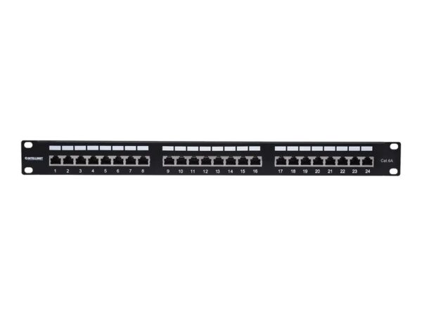Intellinet 24 – Port Cat6a Patchpanel, geschirmt, 24 Ports, FTP, 1 HE, klemmleisten mit 90 Grad abgewinkelten Kabeleinführungen, schwarz – Patch Panel – CAT 6a – FTP – RJ – 45 X 24 – Schwarz – 1U – 48.3 cm (19")