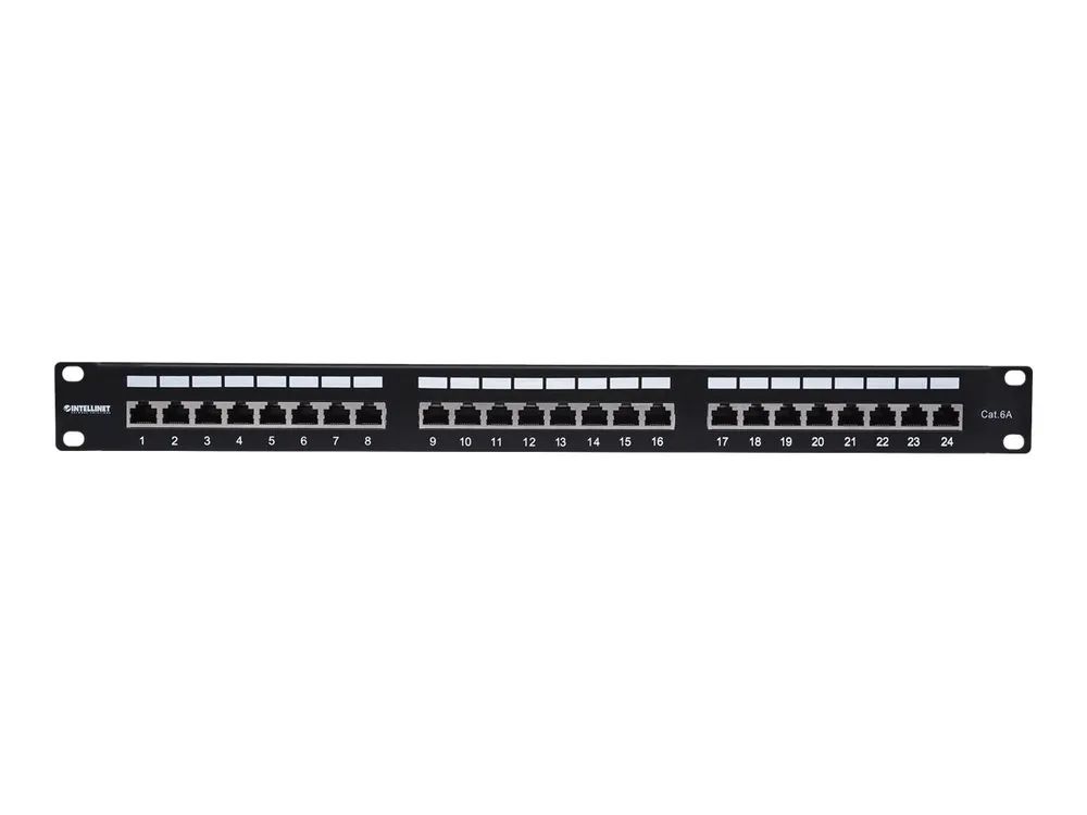 Intellinet 24 – Port Cat6a Patchpanel, geschirmt, 24 Ports, FTP, 1 HE, klemmleisten mit 90 Grad abgewinkelten Kabeleinführungen, schwarz – Patch Panel – CAT 6a – FTP – RJ – 45 X 24 – Schwarz – 1U – 48.3 cm (19″)
