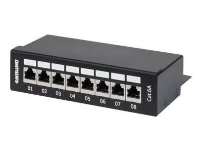 IC Intracom Intellinet Patch Panel, Cat6a, FTP, 8 – Port, Desktop, Shielded, 90° Top – Entry Punch Down Blocks, Black