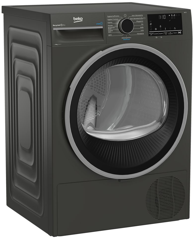 Beko Wärmepumpentrockner Manhattan Gray B3T22491M, Dampffunktion, Silent-Programm, Allergikergeeignet, Aquawave