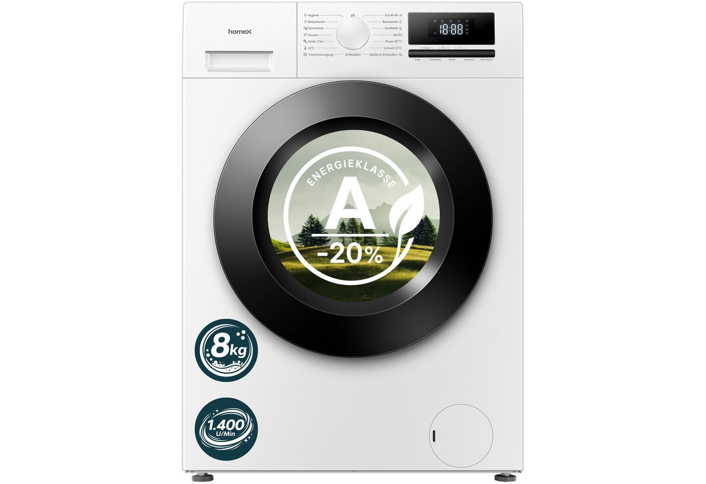 homeX Waschmaschine WF814H1A-W, 8 kg, 1400 U/min, Frontlader 8kg, Dampffunktion, AquaStop, Inverter Motor, EEK A -20%