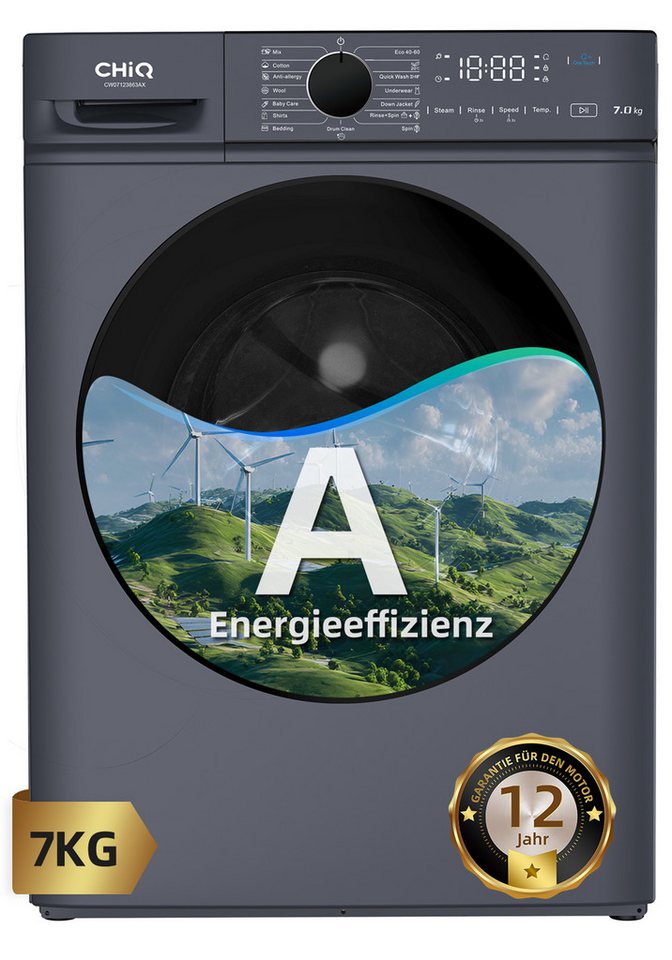 CHIQ Waschmaschine SPACE PRO CW07123863AX, 7 kg, 1200 U/min, Dampfsterilisation, 15-minütiger Schnellwaschgang