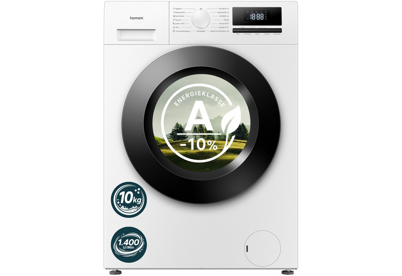 homeX Waschmaschine WF1014H1A-W, 10 kg, 1400 U/min, Frontlader 10kg, Dampffunktion, AquaStop, Inverter Motor, EEK A -10%