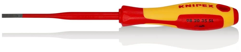 KNIPEX Schraubendreher (Slim) für Schlitzschrauben isolierender Mehrkomponenten – Griff, VDE – geprüft brüniert 202 mm