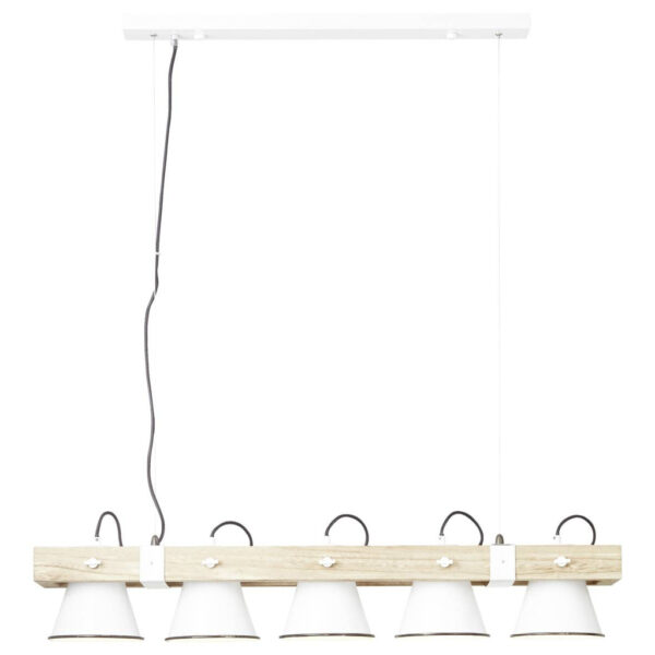 4004353349966 Brilliant Pendelleuchte Plow
weiß hellbraun Metall Holz B/T/L: ca. 95x20x115 cm E27 5 Brennstellen