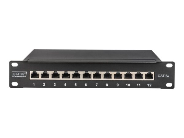 4016032454861-1 DIGITUS Cat.6A Patch Panel, geschirmt, 12 – Port, 1HE, 10", schwarz
