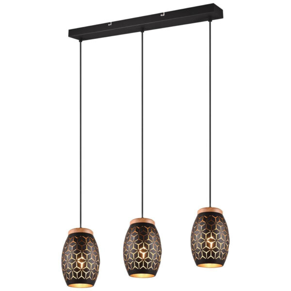 Reality Pendelleuchte Bidar
schwarz gold Metall Holz B/H/L/D: ca. 71x150x15x15 cm E27 3 Brennstellen