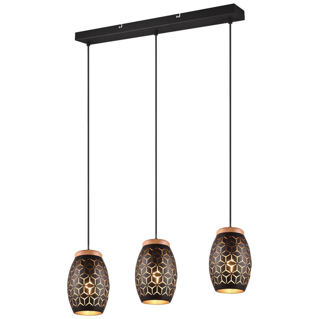 Reality Pendelleuchte Bidar
schwarz gold Metall Holz B/H/L/D: ca. 71x150x15x15 cm E27 3 Brennstellen