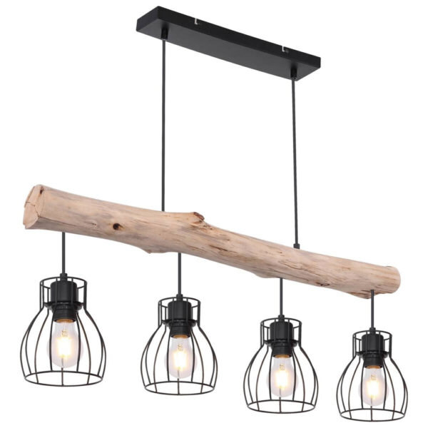 4025442263079 GLOBO Pendelleuchte Mina
natur schwarz Holz Metall B/H: ca. 83x140 cm E27 4 Brennstellen