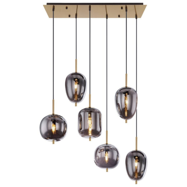 4025442292949 GLOBO Pendelleuchte Blacky
messing Metall Rauchglas B/H/L: ca. 34x120x80 cm E14 6 Brennstellen