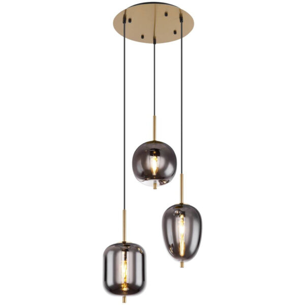 4025442292963 GLOBO Pendelleuchte Blacky
messing Metall Rauchglas H/D: ca. 120x46 cm E14 3 Brennstellen