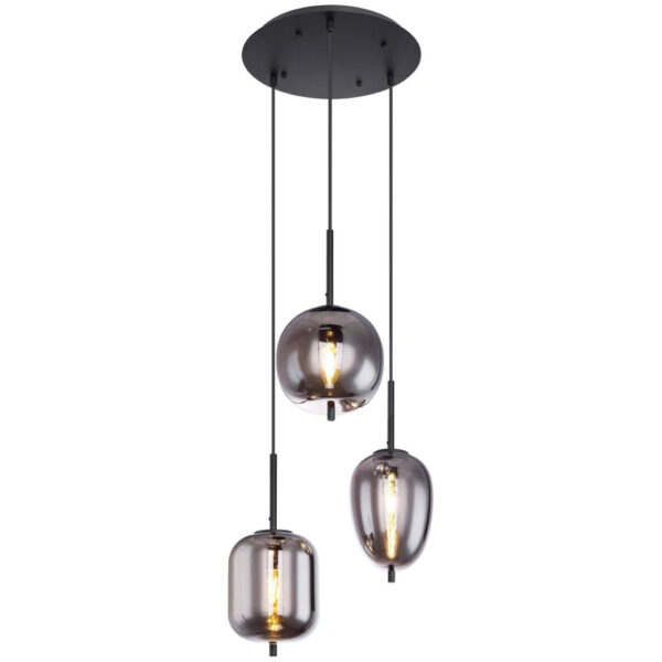 4025442293106 GLOBO Pendelleuchte Blacky
schwarz Metall Rauchglas H/D: ca. 120x46 cm E14 3 Brennstellen