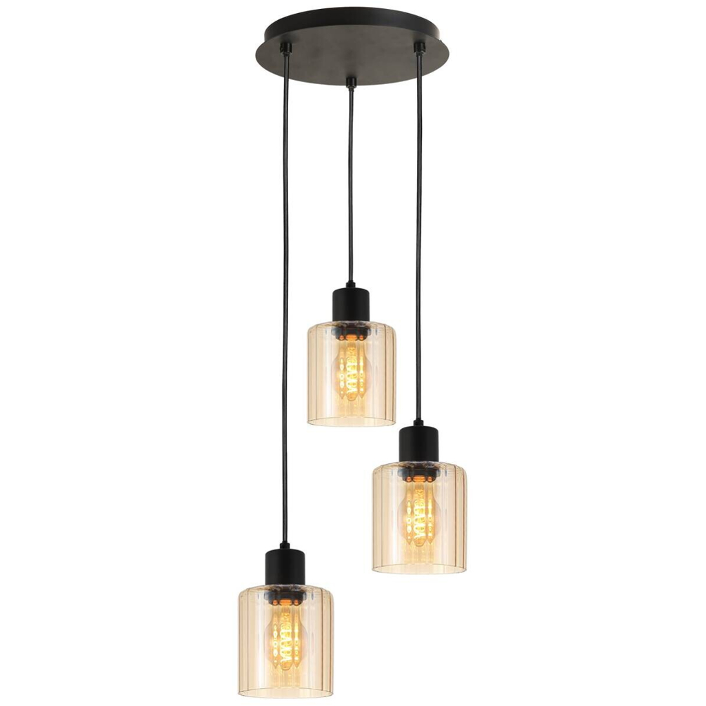 POCOline Pendelleuchte Pim
schwarz amber Glas Metall H/D: ca. 120×29 cm E27 3 Brennstellen