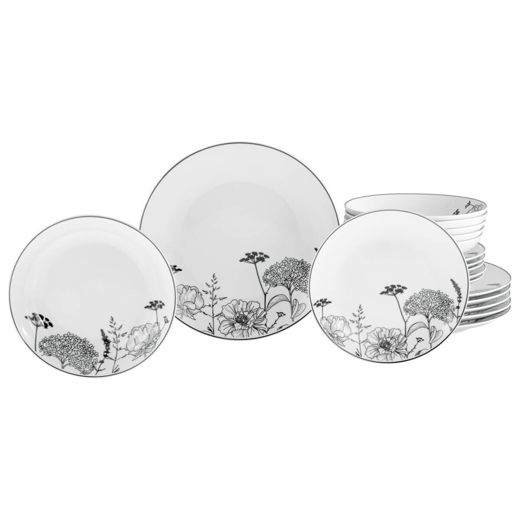 CreaTable Tafelservice Luna Black Flower weiß Porzellan 18 tlg