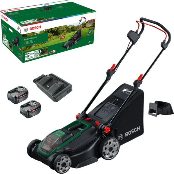 Bosch Rotak 18V2 – 43 Akku – Rasenmäher Kit Akku – Rasenmäher inkl. 2 Akkus und Ladegerät