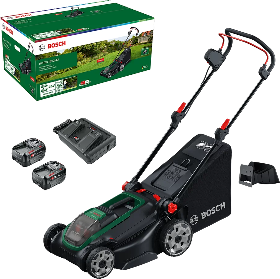 Bosch Rotak 18V2 – 43 Akku – Rasenmäher Kit Akku – Rasenmäher inkl. 2 Akkus und Ladegerät