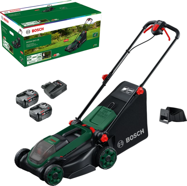 Bosch Rotak 18V2 – 38 Akku – Rasenmäher Kit Akku – Rasenmäher inkl. 2 Akkus und Ladegerät