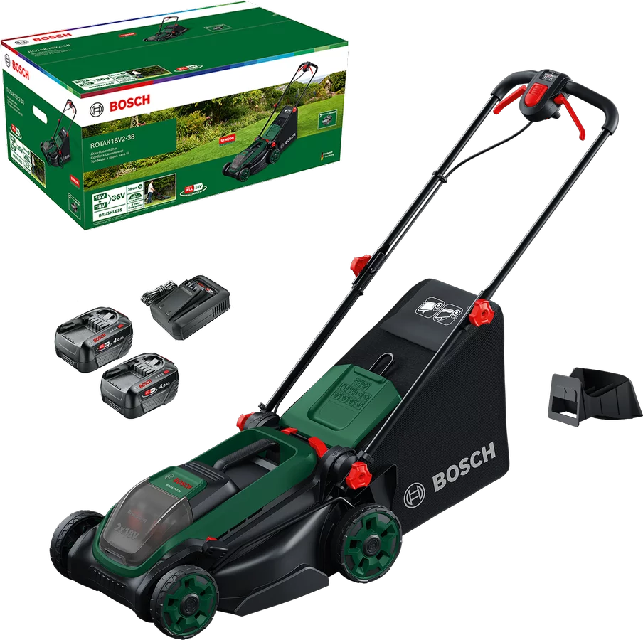 Bosch Rotak 18V2 – 38 Akku – Rasenmäher Kit Akku – Rasenmäher inkl. 2 Akkus und Ladegerät