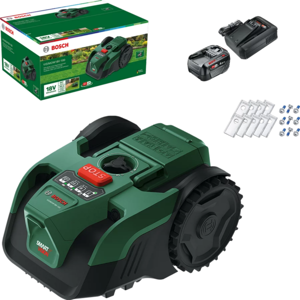 4053423706567-1 Bosch VISIMOW18V – 100 Akku – Mähroboter mit Zubehör – bis 100m² Akku – Mähroboter inkl. 1x Akku und Ladegerät