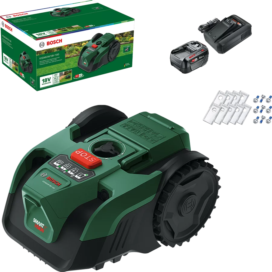 Bosch VISIMOW18V – 100 Akku – Mähroboter mit Zubehör – bis 100m² Akku – Mähroboter inkl. 1x Akku und Ladegerät