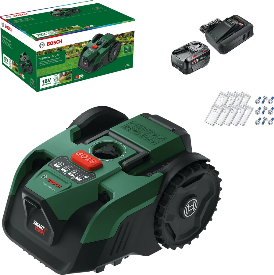 Bosch VISIMOW18V – 200 Akku – Mähroboter Kit – bis 200m² Akku – Mähroboter inkl. 1x Akku und Ladegerät