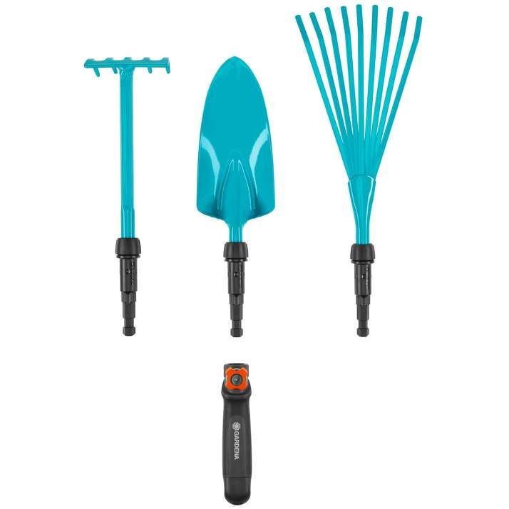 Gardena comisystem – Kleingeräte Set – Aktion Set Griff, Blumenkelle, Blumenrechen, Kleinbesen