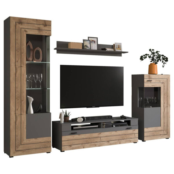 4066432001769 Wohnwand Freno
grau matt Eiche Nox Oak Nachbildung B/H/T: ca. 290x194x40 cm