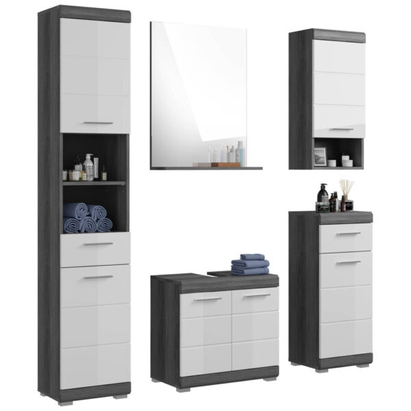 4066432002193 Badezimmer-Set Scout
Eiche Rauchsilber Nachbildung weiß Hochglanz B/H/T: ca. 164x191x34 cm