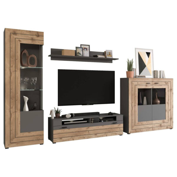 4066432003190 Wohnwand Freno
grau matt Eiche Nox Oak Nachbildung B/H/T: ca. 350x195x40 cm