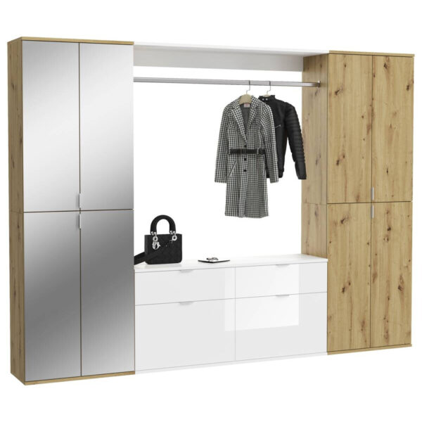 4066432022276 Garderobe PROJEKT
Eiche Artisan Nachbildung weiß Hochglanz Spiegel B/H/T: ca. 243x193x34 cm