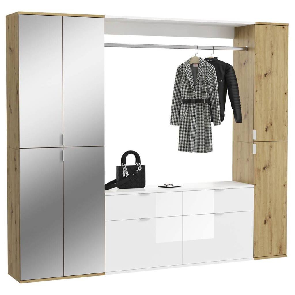 Garderobe PROJEKT
Eiche Artisan Nachbildung weiß Hochglanz Spiegel B/H/T: ca. 212x193x34 cm