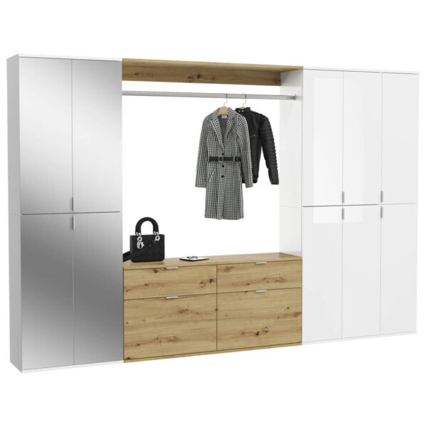 xonox.home - Garderobe PROJEKT Eiche Artisan Nachbildung weiß Hochglanz Spiegel B/H/T: ca. 273x193x34 cm in Eiche, Weiss