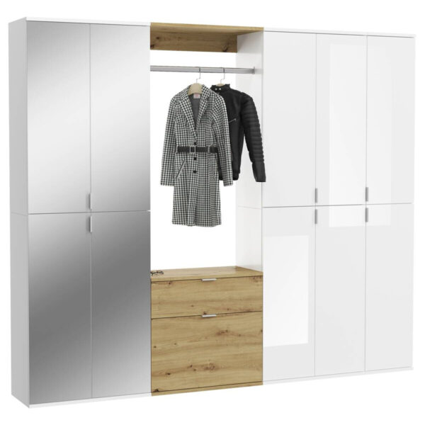 Garderobe PROJEKT
Eiche Artisan Nachbildung weiß Hochglanz Spiegel B/H/T: ca. 213x193x34 cm