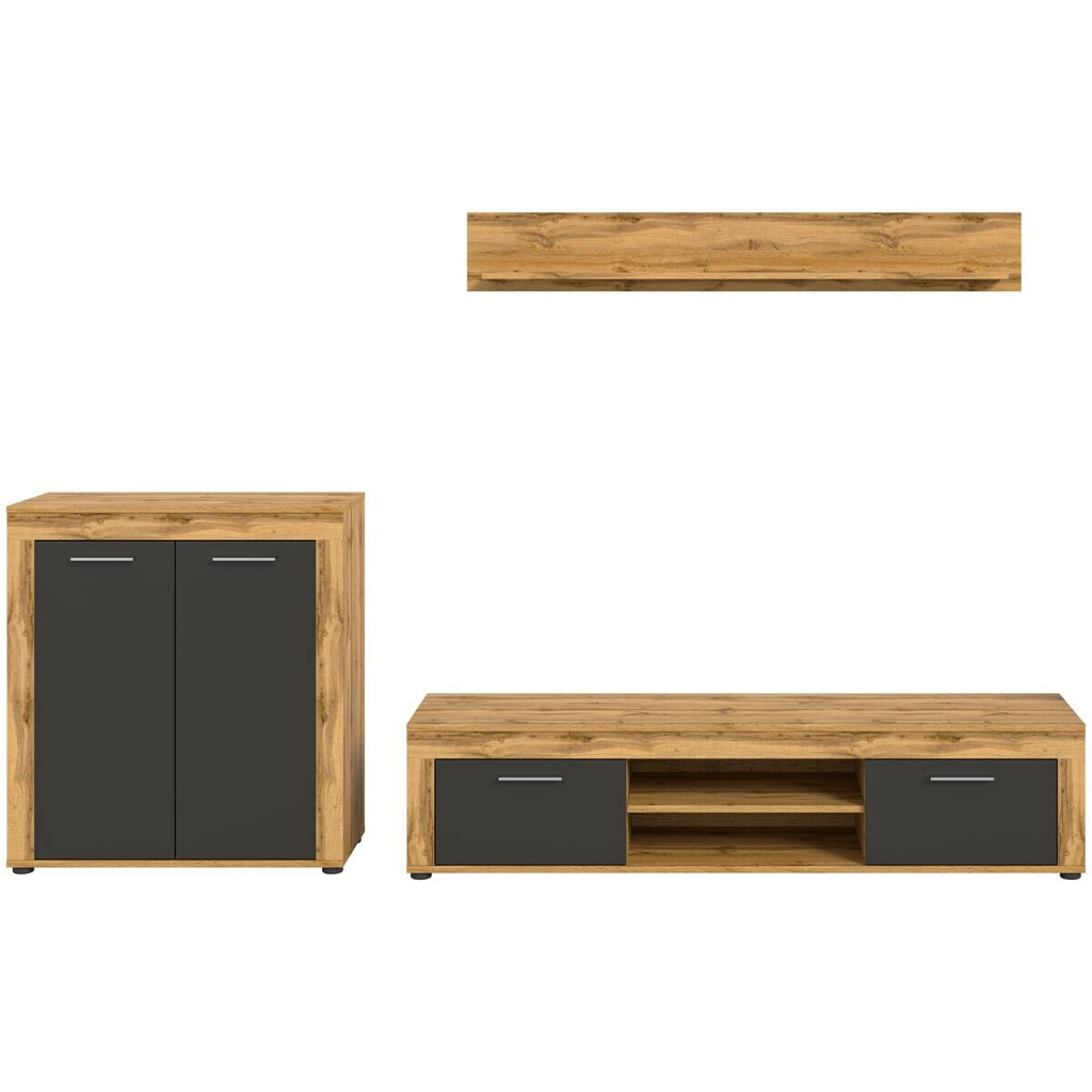 xonox.home - Wohnwand Jam Eiche Wotan Nachbildung grau B/H/T: ca. 255x159x35 cm in Eiche, Grau