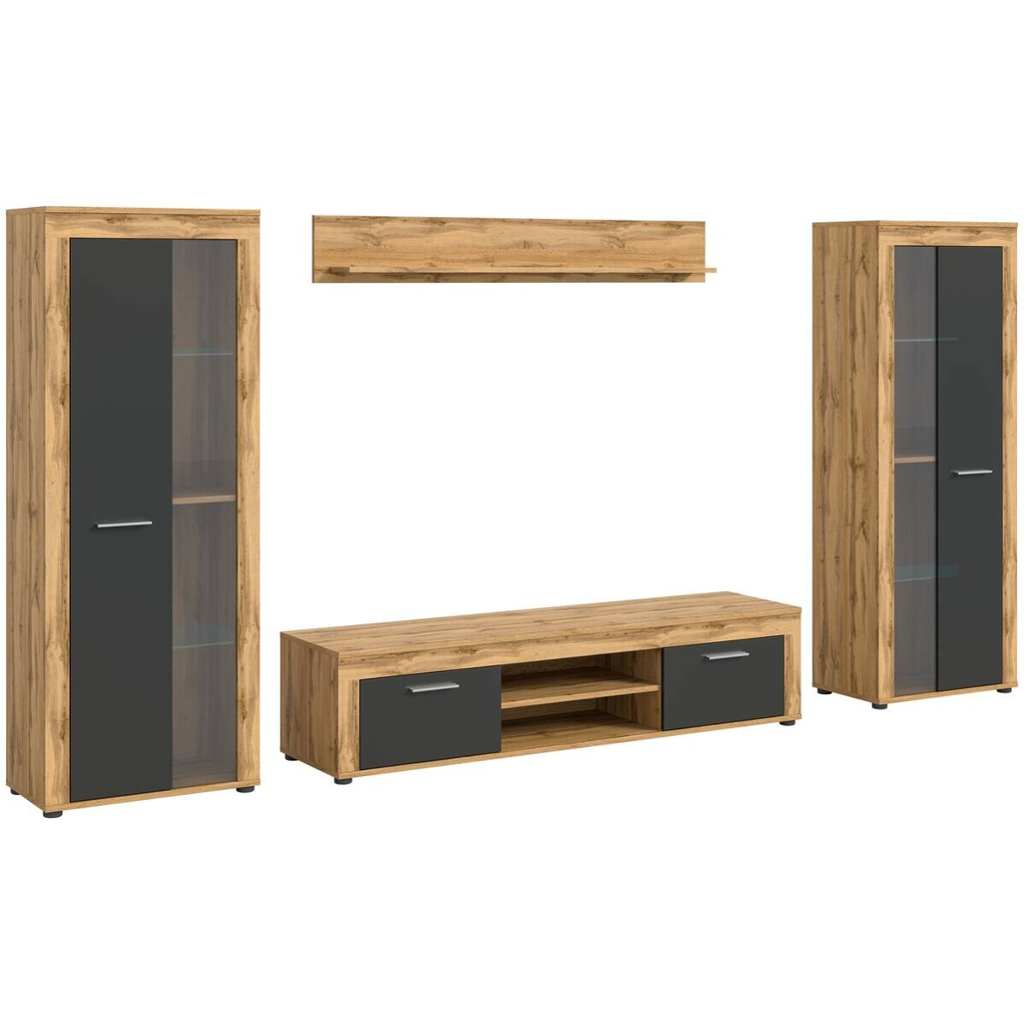 xonox.home - Wohnwand Jam Eiche Wotan Nachbildung grau B/H/T: ca. 310x159x35 cm in Eiche, Grau