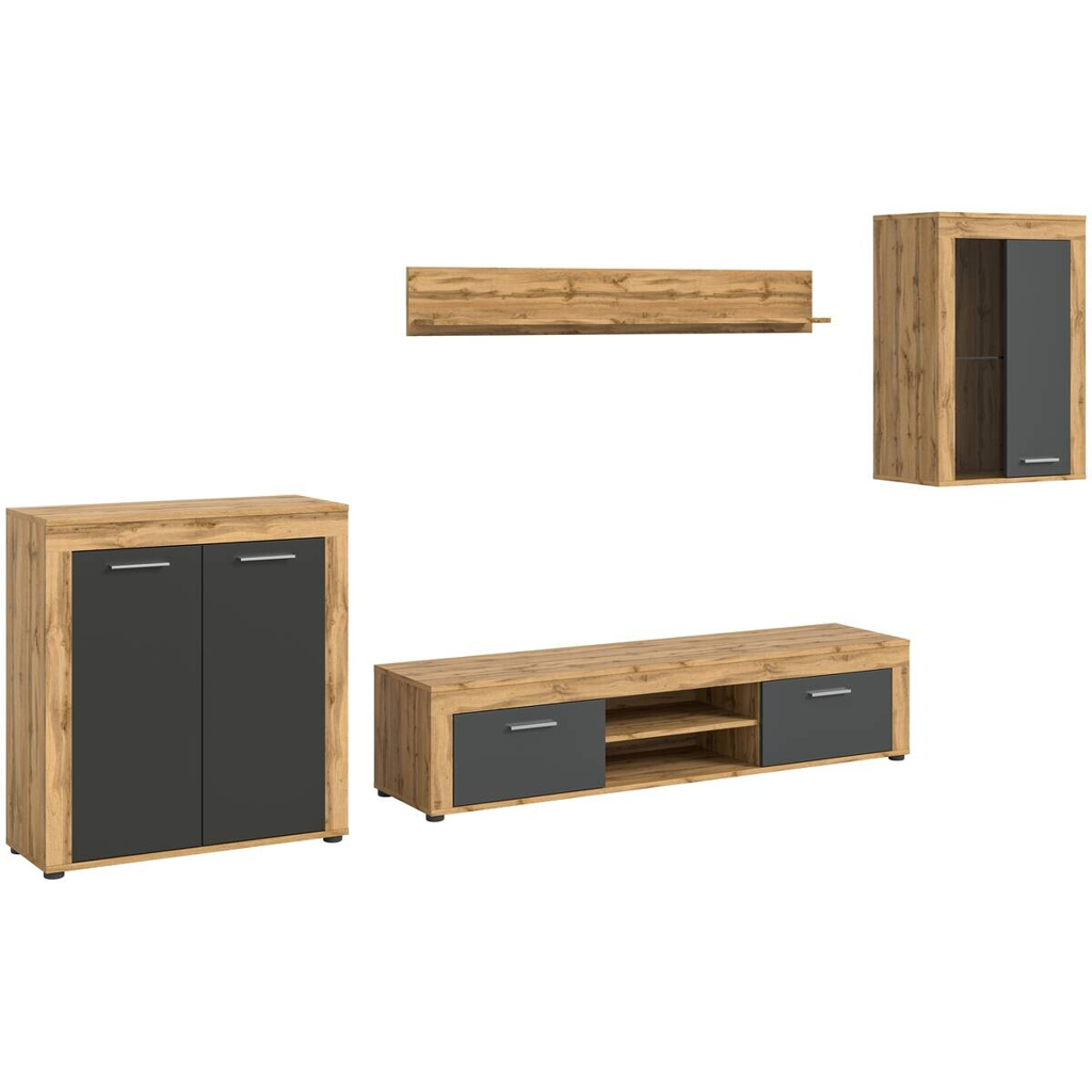 xonox.home - Wohnwand Jam Eiche Wotan Nachbildung grau B/H/T: ca. 330x169x35 cm in Eiche, Grau
