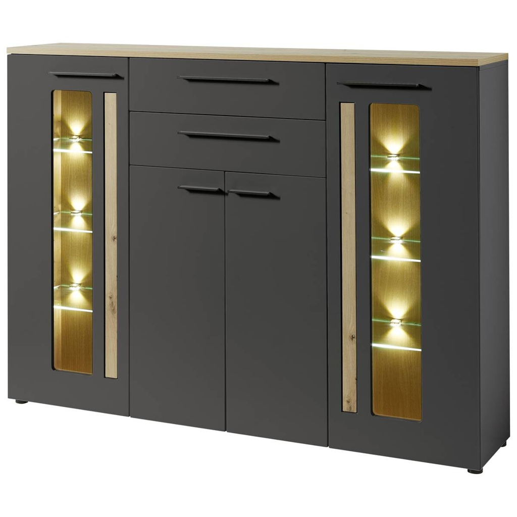 Highboard Loft Two
Eiche Artisan Nachbildung Graphit Lacklaminat supermatt B/H/T: ca. 180x133x37 cm