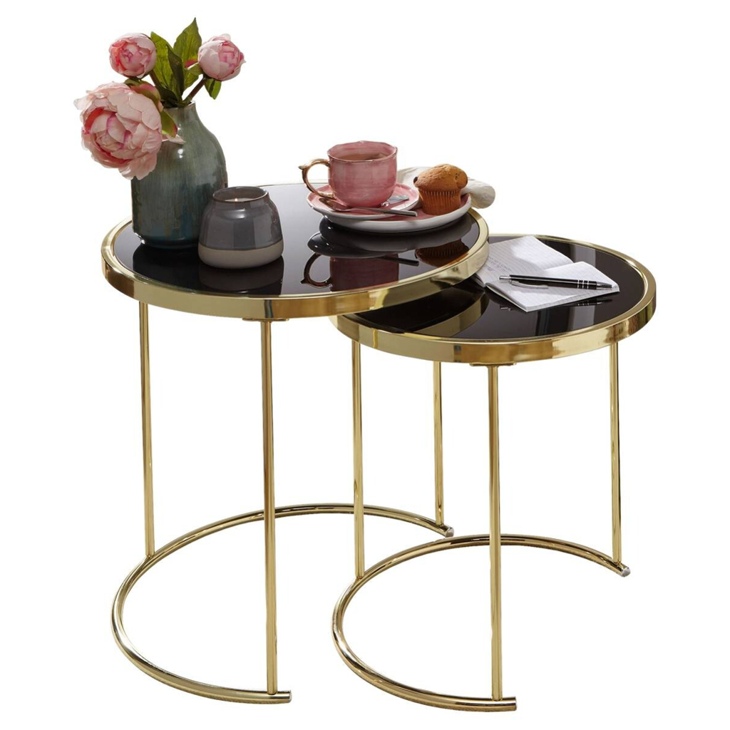 Wohnling Beistelltisch 2er-Set schwarz gold lackiert Glas Metall