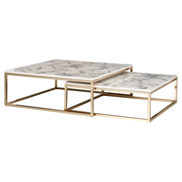 Wohnling Couchtisch 2er-Set. weiß Marmor Optik gold lackiert