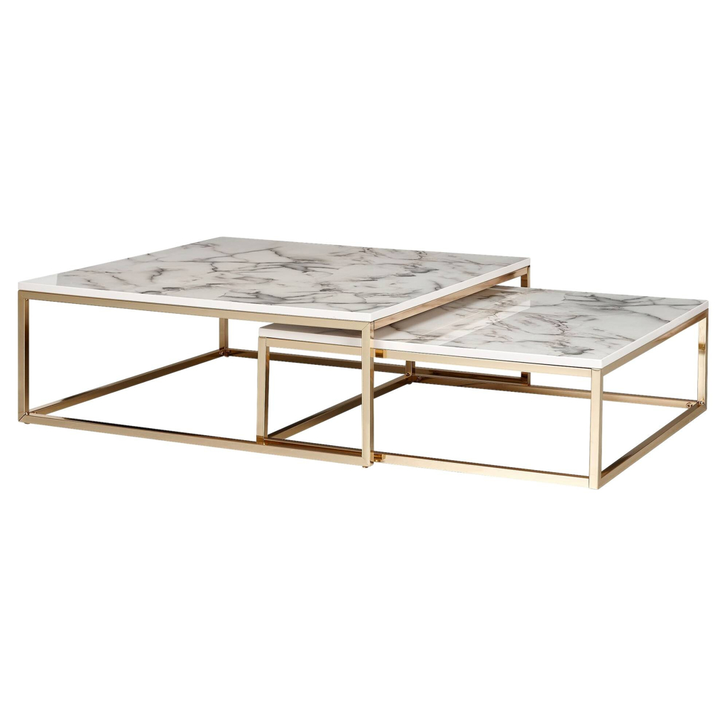 Wohnling Couchtisch 2er-Set. weiß Marmor Optik gold lackiert