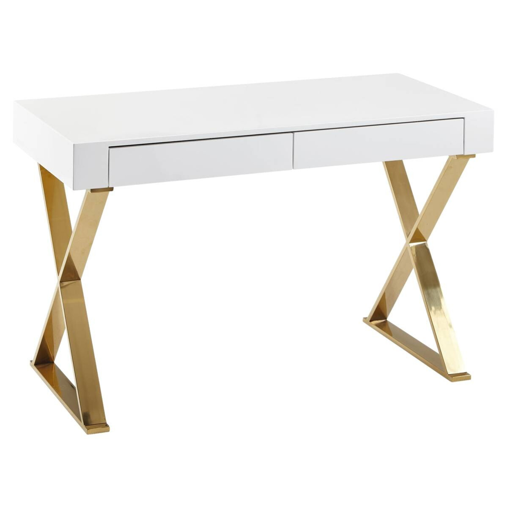Wohnling Schreibtisch weiß Lack Hochglanz gold lackiert B/H/T: ca. 118x76x57 cm