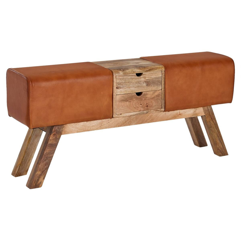 Wohnling Sitzbank braun natur Leder Echtholz B/H/T: ca. 120x56x30 cm